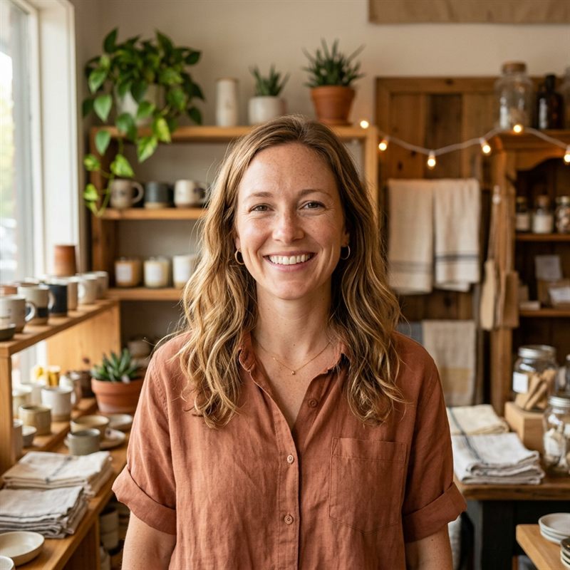 Megan Whitfield, owner of Whitfield Mercantile, smiling inside the shop in a rust-colored linen shirt.