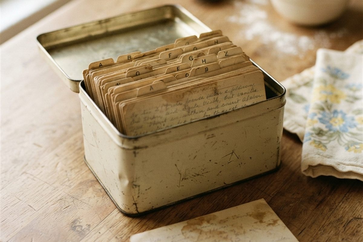 An old tin recipe box open on a wooden table, packed with yellowed handwritten index cards.