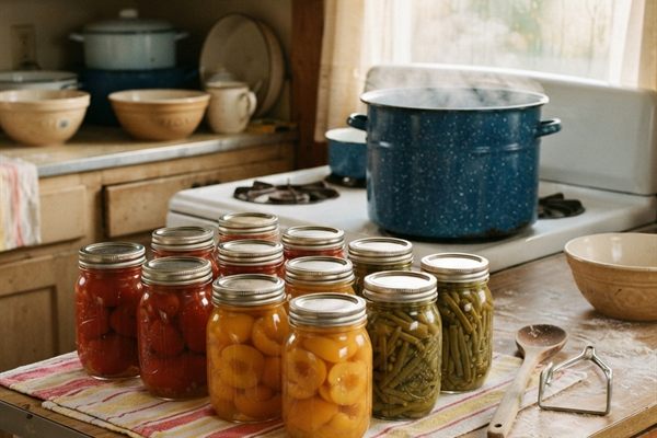 Glass jars of canned tomatoes, peaches and green beans cooling on a striped towel in a farmhouse kitchen.