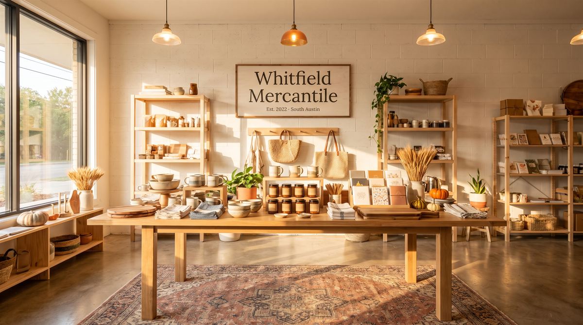 Inside Whitfield Mercantile: a long wooden display table with handmade mugs, candles in amber jars, linens and greeting cards, lit by afternoon sun.